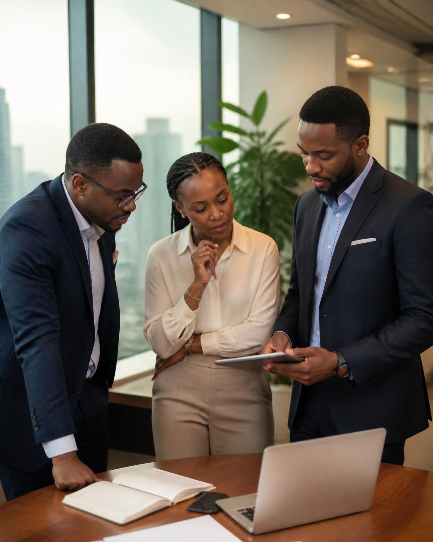 Three founders reviewing plans together in a bright office